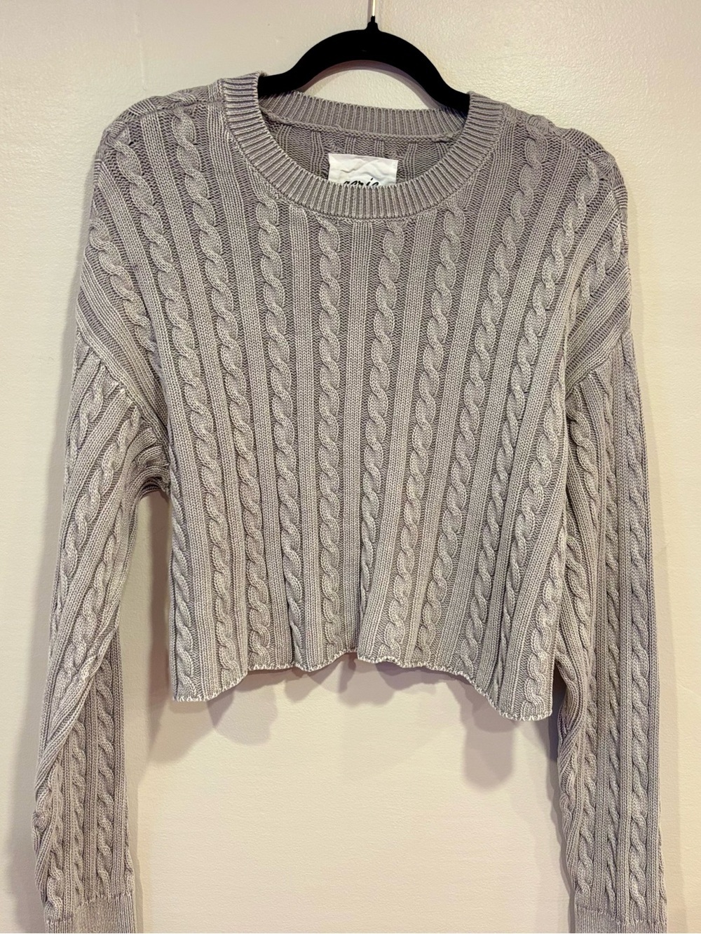 Aerie Cable Knit Crewneck Long Sleeve Cropped Gray Ribbed Sweater Women's Large
